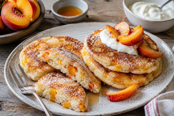 Te pancakes z brzoskwiniami są hitem lata. Jogurt sprawia, że wychodzą wyjątkowo miękkie