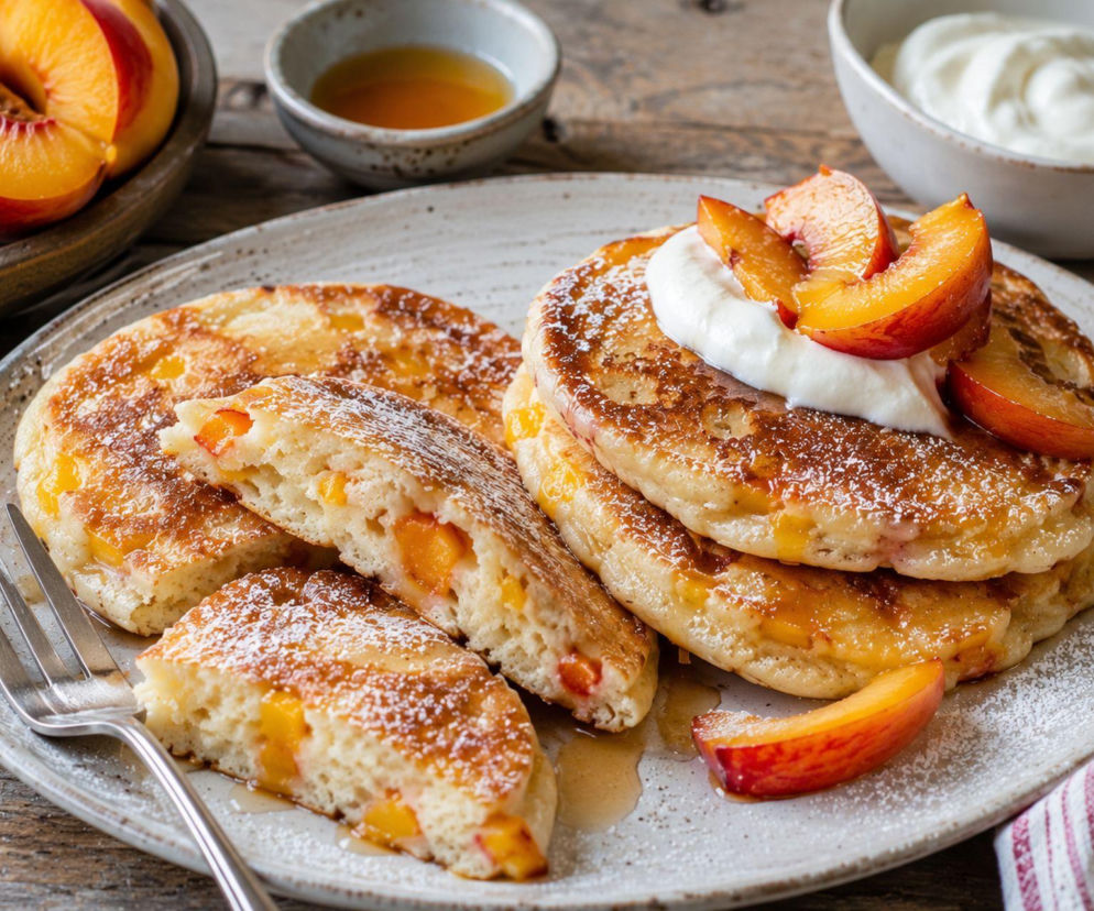 Te pancakes z brzoskwiniami są hitem lata. Jogurt sprawia, że wychodzą wyjątkowo miękkie