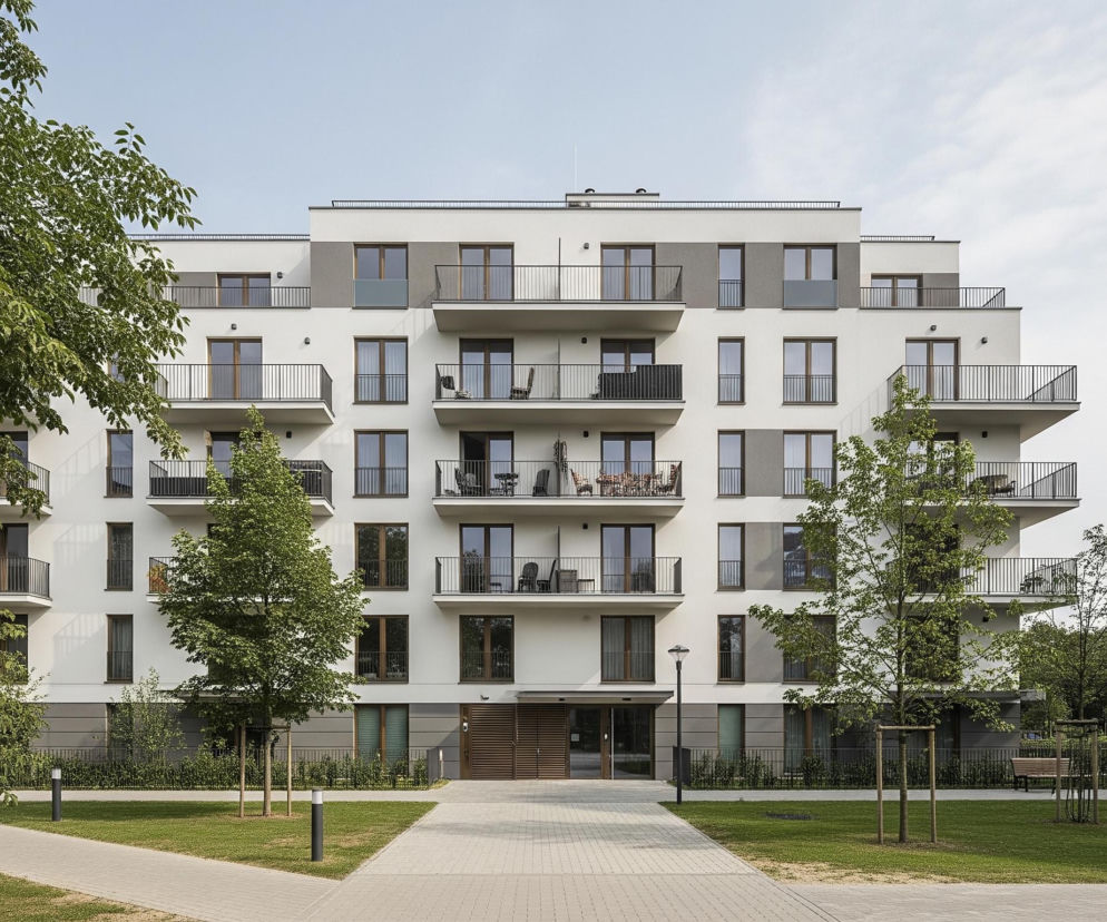 Nowoczesny, pięciopiętrowy budynek mieszkalny o białej fasadzie z szarymi wstawkami i licznymi, przeszklonymi balkonami, dominuje w centrum kadru. Budynek otaczają zielone, bujne drzewa, niektóre widoczne w całości, inne częściowo, tworząc naturalne obramowanie po bokach i na pierwszym planie. Przed budynkiem rozciąga się równo przystrzyżony trawnik, przez który prowadzi chodnik z jasnych, prostokątnych płyt, kierujący się w stronę wejścia głównego, a po bokach chodnika widać niskie, czarne słupki oświetleniowe.