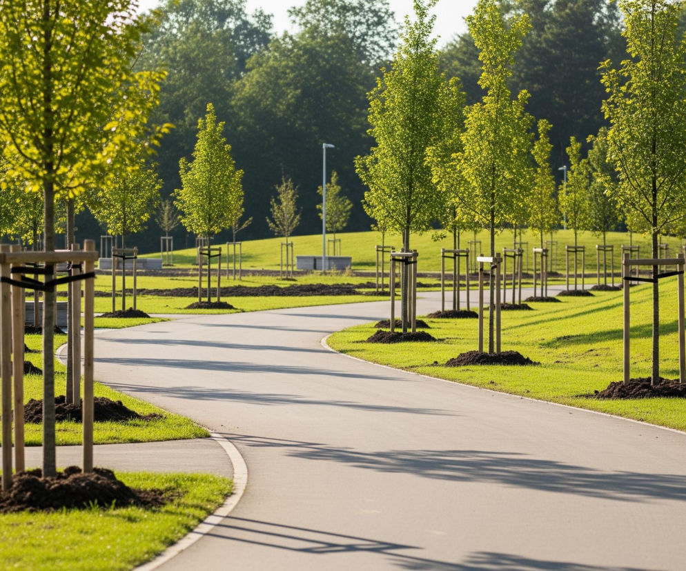 Długa, asfaltowa ścieżka wijąca się przez rozległy, zielony park, dominując centrum obrazu, z drzewami z jasnozielonymi liśćmi po obu jej stronach. Każde z młodych drzew, posadzonych w równych odstępach, ma przy pniu usypaną kopczyk ciemnej ziemi i jest podparte trzema drewnianymi palikami, spiętymi ciemnymi opaskami. Po lewej stronie ścieżki teren jest płaski, pokryty trawą, natomiast po prawej rozciąga się wznoszące się wzgórze również porośnięte soczystą trawą, na którą padają długie cienie od drzew. W oddali widać gęsty, ciemnozielony las, a na horyzoncie jasne, bezchmurne niebo.