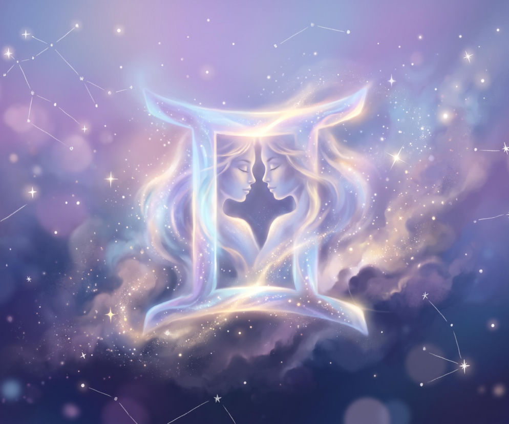 Symbol zodiaku Bliźniąt z wizerunkiem dwóch twarzy na tle gwieździstego nieba. O horoskopie przeczytasz na Eska.