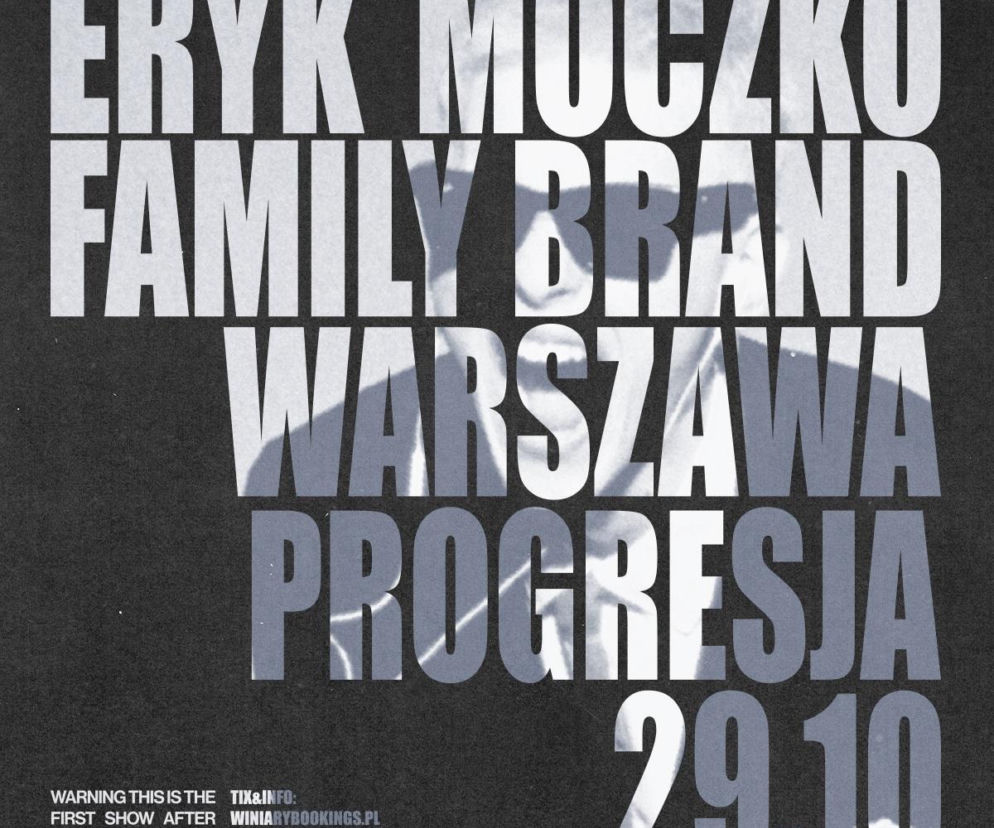 Plakat koncertowy Eryka Moczki z datą 29 października w klubie Progresja. O szczegółach koncertu przeczytasz na Eska.