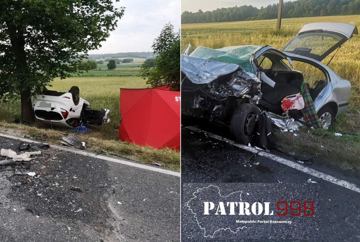 Śmiertelny wypadek pod Krakowem. Czołowe zderzenie dwóch aut. Jedna ofiara, sześć osób rannych [ZDJĘCIA]
