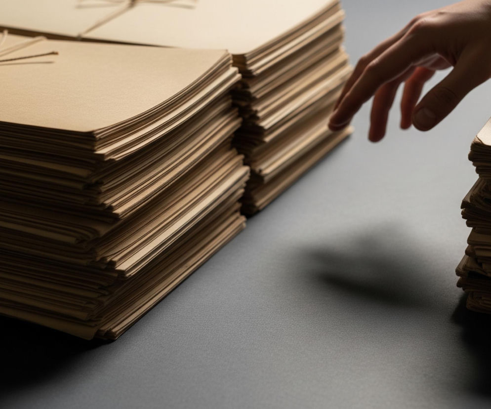 Na ciemnoszarym blacie leżą stosy brązowych kopert lub kartek. Dwa większe stosy po lewej stronie są związane sznurkiem w kokardę, podczas gdy po prawej stronie znajduje się mniejszy stos. Prawa dłoń, częściowo oświetlona, sięga w kierunku mniejszego stosu. Górna część dłoni jest w cieniu, a palce delikatnie dotykają górnej krawędzi kartek.