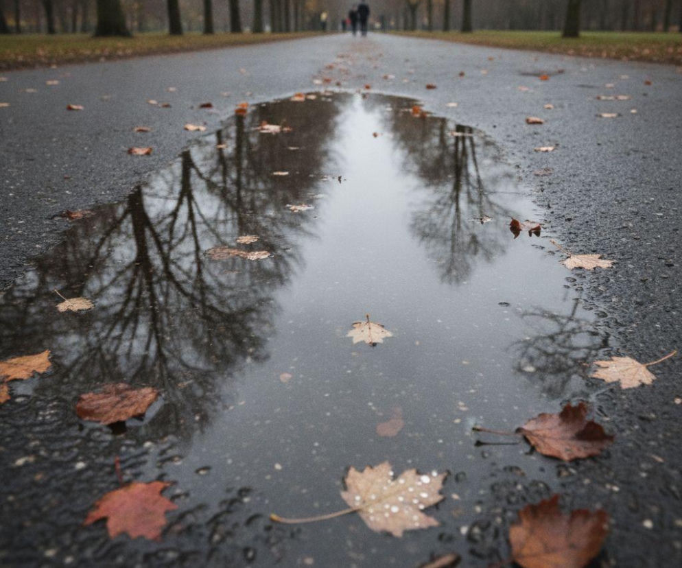 Kałuża na mokrej alejce w parku, w której odbijają się jesienne drzewa. O pogodzie w Krakowie czytaj na SE.