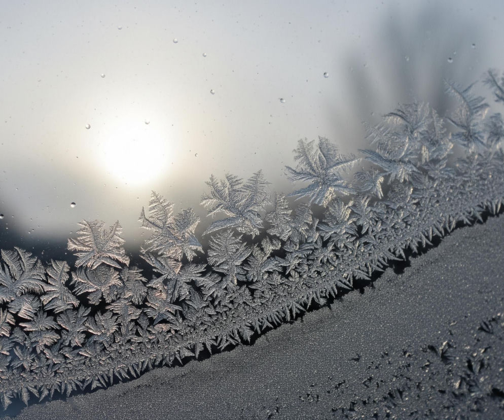 Płaszczyznę obrazu wypełniają mroźne wzory na szybie, rozciągające się po przekątnej. Górna część kadru, za szybą, ukazuje jasne, rozmyte tło z widocznym słońcem w lewej połowie i niewyraźnymi ciemnymi sylwetkami drzew po prawej. Na szybie, w górnej części, rozsiane są pojedyncze, przezroczyste krople wody. Poniżej, od lewego dolnego rogu, rozciąga się pas misternych, srebrzysto-białych struktur lodowych, które stopniowo maleją ku prawemu dolnemu rogowi, tworząc kształt fali lub grani. Dolna część kadru jest pokryta drobnym, ziarnistym szronem o ciemnoszarym odcieniu, przeplatanym gdzieniegdzie rozproszonymi, mniejszymi kryształkami lodu.