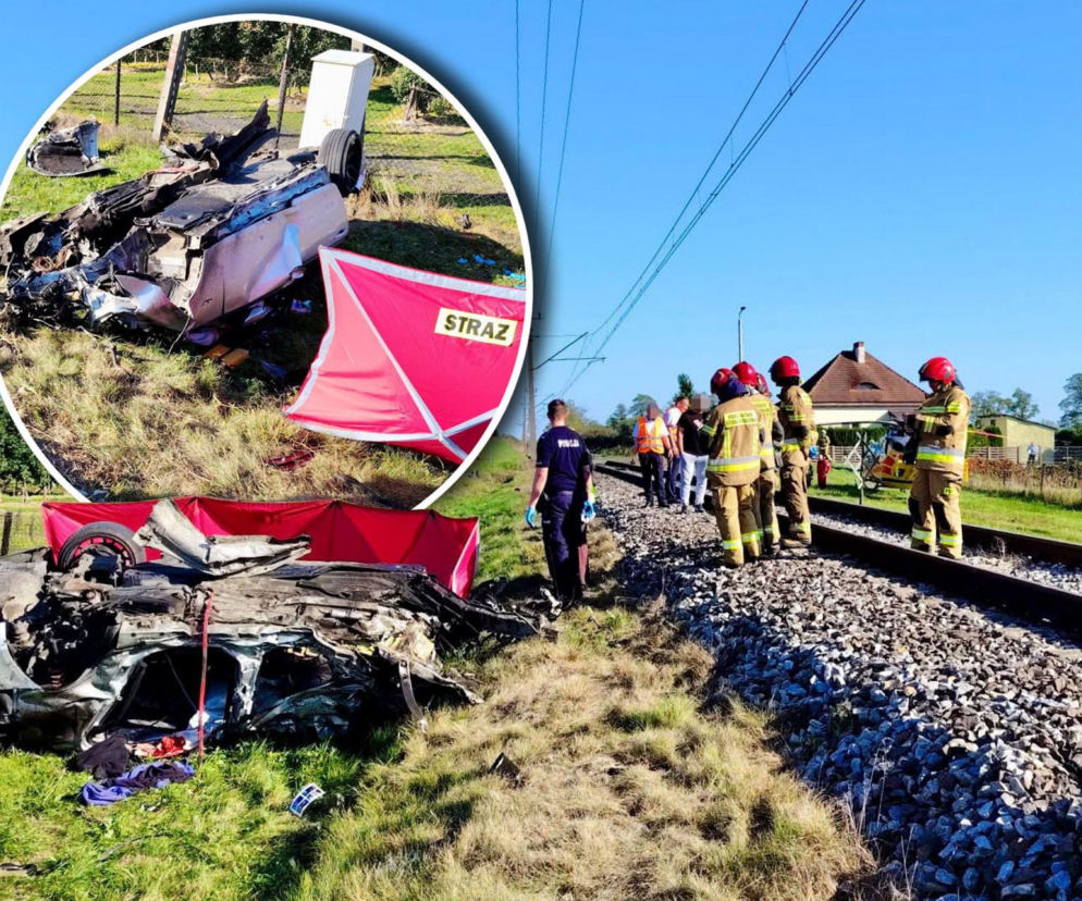 Służby na torowisku obok zmiażdżonego BMW. Na miniaturze zbliżenie na wrak auta. O tragedii przeczytasz na Eska Łódź.