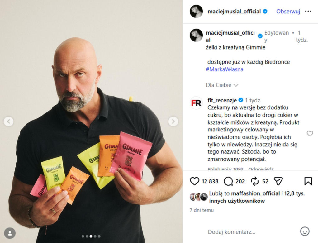 Maciej Musiał rusza z własną marką. Jego żelki z kreatyną trafiły do Biedronki