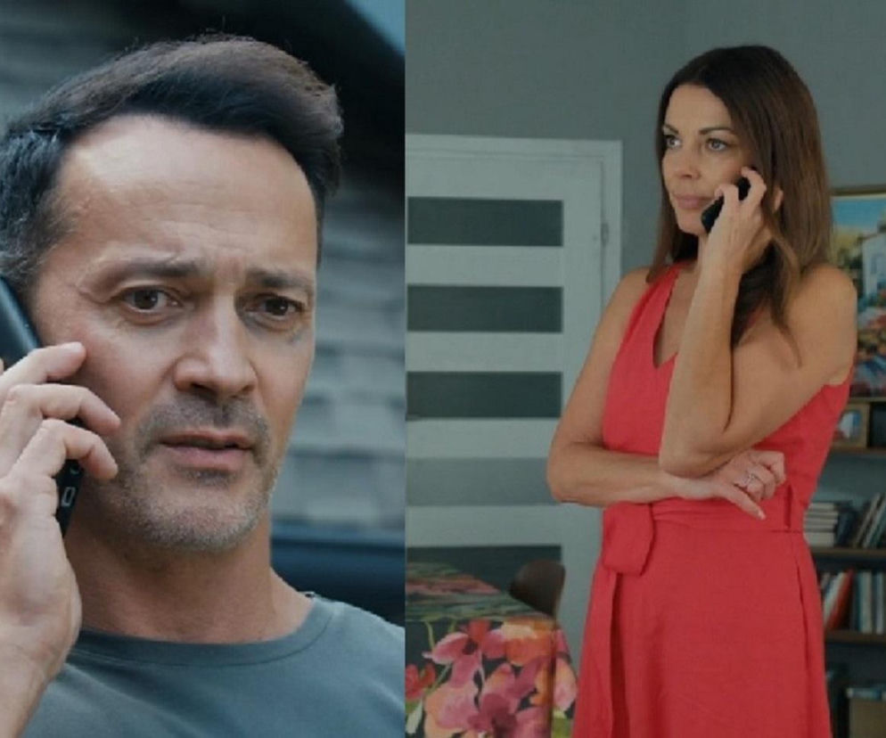 Mariusz Cieszyński i Katarzyna Glinka w scenie rozmowy telefonicznej, odzwierciedlającej emocjonalne napięcie i próbę pojednania w serialu Barwy szczęścia, o czym przeczytasz więcej na portalu Super Seriale.