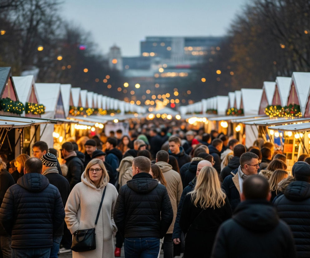 Wzdłuż głównej alei rozciągają się dwa rzędy straganów, ozdobionych na świąteczną modłę. Ich dachy pokrywa biała tkanina, imitująca śnieg, a fasady są przeważnie czerwone z zielonymi girlandami i czerwonymi bombkami. Liczne jasne żarówki oświetlają wnętrza straganów, gdzie widać różnorodne towary. Między straganami, tworząc główny ciąg komunikacyjny, przemieszcza się gęsty tłum ludzi, ubranych głównie w ciepłe, zimowe kurtki w ciemnych kolorach. W tle, za rzędami straganów, widać zamazane drzewa bez liści oraz światła miasta i niewyraźne zarysy budynków.