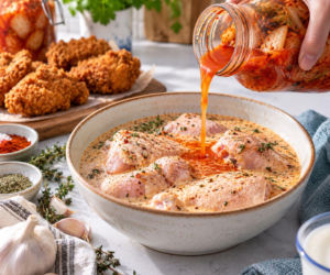 Sok z kimchi nie musi kończyć w zlewie. Dodaj go do marynaty na superchrupiącego kurczaka