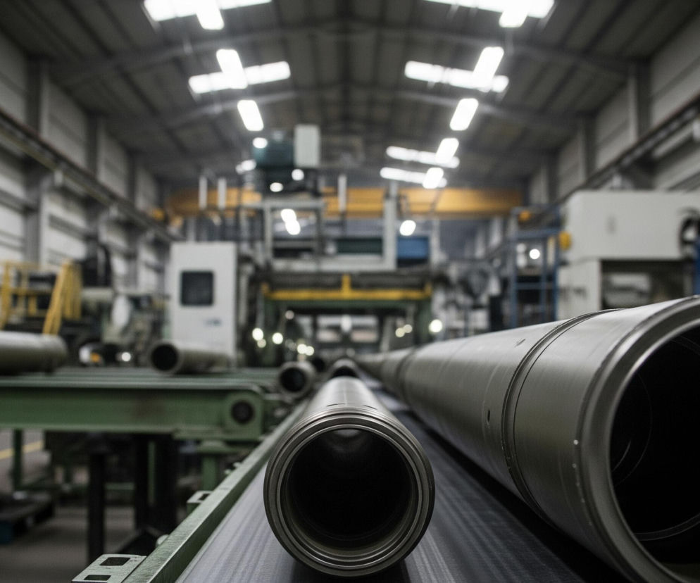 Dwa długie, ciemnoszare metalowe cylindry, widoczne z bliska, leżą na czarnej taśmie transportowej, która ciągnie się przez całą długość przemysłowej hali. W tle, na zielonej metalowej konstrukcji, ułożone są inne, podobne cylindry. Rozległa hala produkcyjna ma wysoki, metalowy strop z szeregiem jasnych, podłużnych świetlówek, a z tyłu widać zamazane, białe i żółte maszyny.