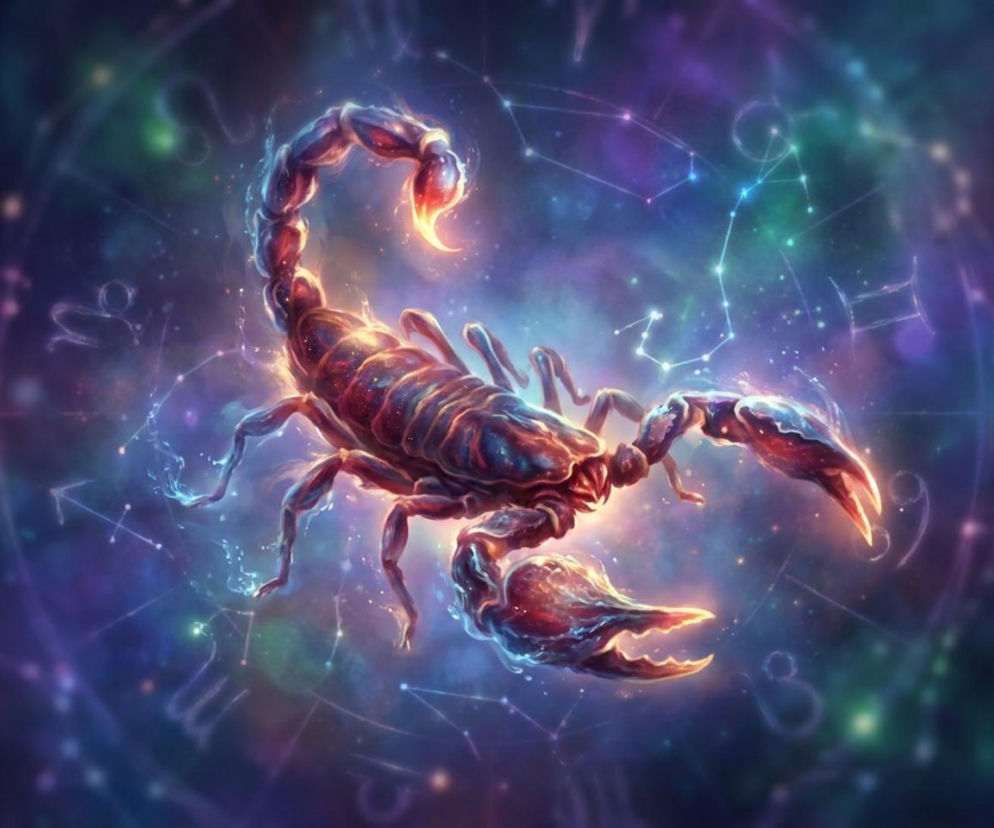 Świecący skorpion na tle kosmicznej mgławicy i znaków zodiaku. O horoskopie dla Skorpiona przeczytasz w serwisie Eska.