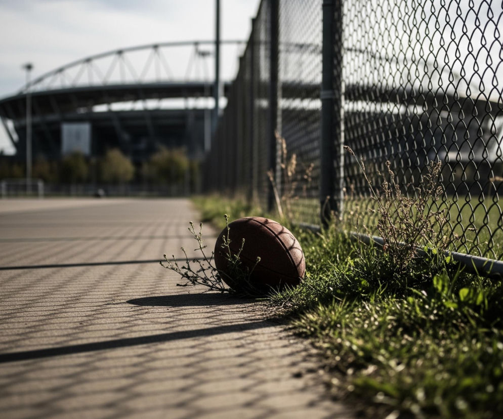 Na pierwszym planie, po prawej stronie leży brązowa piłka do koszykówki, częściowo ukryta w zielonej trawie i suchych chwastach, tuż obok metalowego ogrodzenia z siatki drucianej. Siatka biegnie wzdłuż prawego boku kadru, rzucając na chodnik wyraźne cienie. Lewą stronę zdjęcia zajmuje gładki, szary chodnik, na którym widoczne są cienie od siatki. W tle widać duży, szary budynek stadionu z charakterystyczną konstrukcją dachu, a nad nim rozciąga się jasne, zachmurzone niebo.
