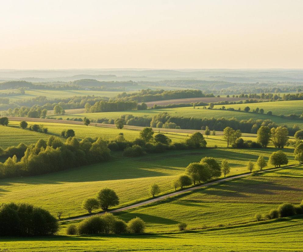 Rozległe wzgórza pokryte jasnozielonymi polami i gęstymi lasami dominują w krajobrazie, zanikając w oddali w niebieskawą mgłę. Kręta droga o jasnej nawierzchni przecina pastwiska, otoczona rzędem drzew rzucających długie cienie na trawę. Między zielonymi polami widać pojedyncze, prostokątne obszary o brązowym zabarwieniu, prawdopodobnie pola uprawne. Niebo, zajmujące górną część obrazu, ma jasny, żółto-biały odcień.