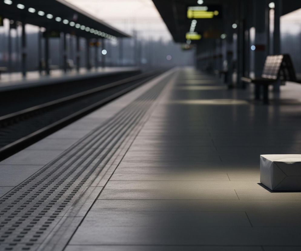Na pierwszym planie, po prawej stronie peronu, leży szare, prostokątne opakowanie przypominające małą paczkę, oświetlone punktowym światłem tworzącym wyraźny cień. Peron, wykonany z szarych płytek, rozciąga się w głąb obrazu, a jego lewą krawędź wyznaczają dwie metalowe szyny kolejowe biegnące równolegle. W tle widoczna jest zadaszona konstrukcja dworca z rzędami lamp sufitowych i kilkoma rozmytymi ławkami oraz tablicami informacyjnymi o żółtawym świetle. Cała scena utrzymana jest w chłodnej tonacji szarości i błękitu, z niebem w kolorze bladego różu na horyzoncie.