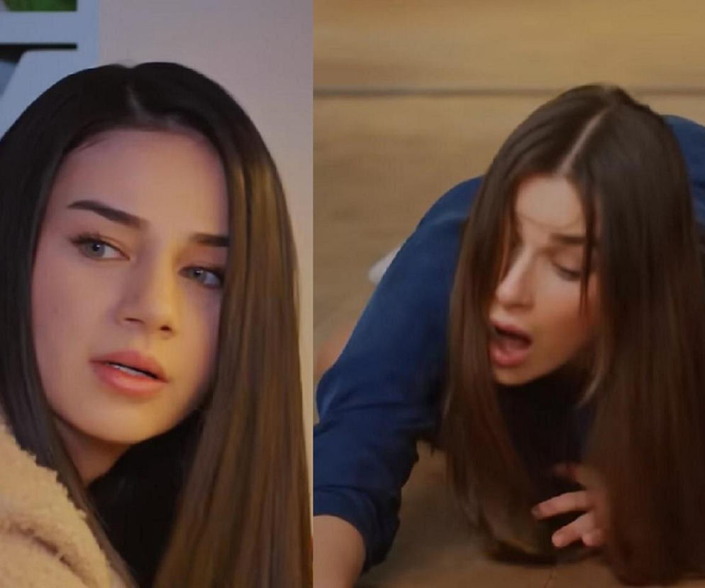 Dwa ujęcia aktorki z serialu Miłość i nadzieja w dramatycznych momentach. Po lewej Bahar patrzy z zamyśleniem, być może snując diaboliczny plan. Po prawej Sila, w niebieskiej bluzce, leży na podłodze, z otwartymi ustami, wygląda na zatrutą lub bliską utraty przytomności. Więcej o losach sióstr na Super Seriale.