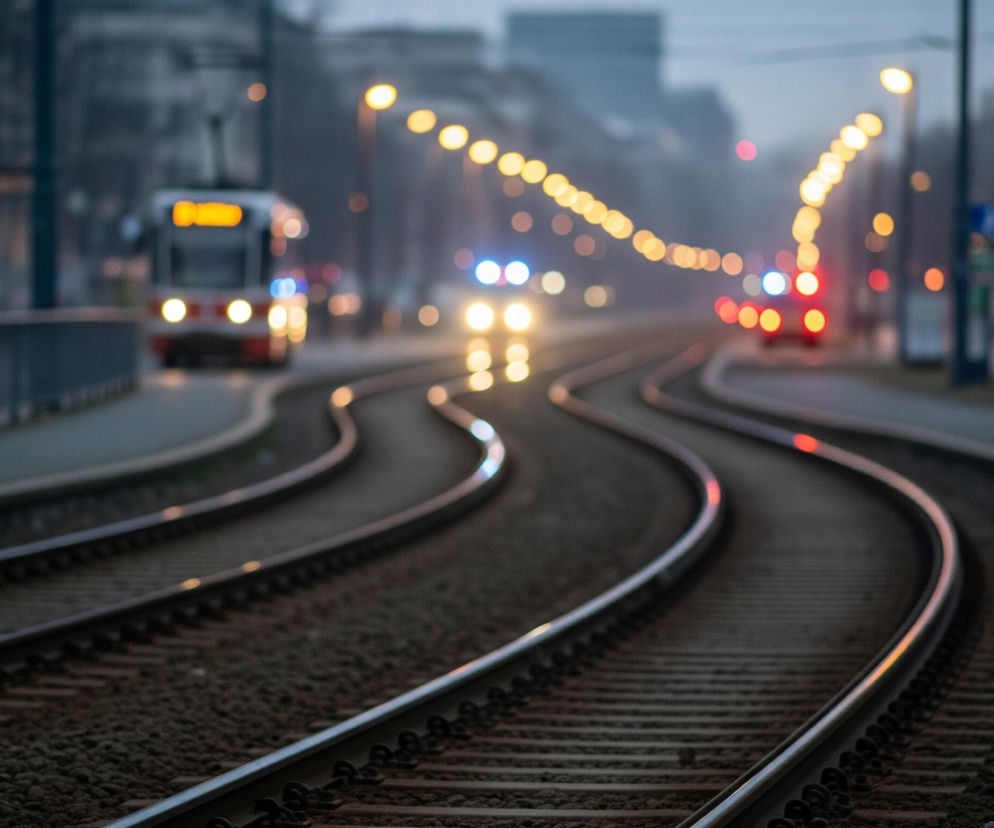 Na pierwszym planie widoczne są tory tramwajowe, biegnące faliście w głąb kadru, tworząc wyraźne, lśniące łuki na tle ciemnego, kamienistego podłoża. W tle, po lewej stronie, widać niewyraźny zarys tramwaju z jasnymi światłami z przodu oraz pomarańczowym oświetleniem w jego górnej części, natomiast po prawej stronie, w oddali, znajdują się niewyraźne światła pojazdów, głównie czerwone i niebieskie, oraz szereg jasnych, okrągłych świateł ulicznych rozciągających się wzdłuż obu stron ulicy. Cała scena jest rozmyta, dominują ciemne, wieczorne barwy, a jedynie światła są wyraźnie widoczne i tworzą świetliste punkty.