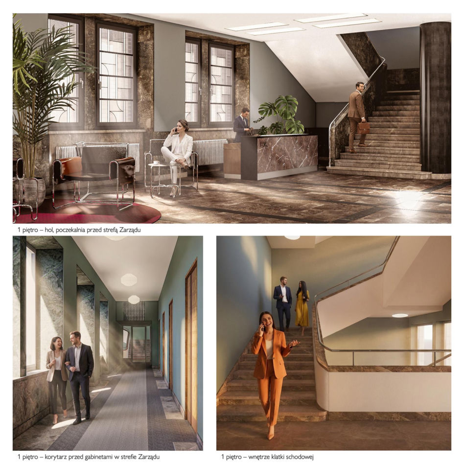 Wizualizacje zmodernizowanych wnętrz gmachu BGK w Warszawie wg JEMS Architekci
