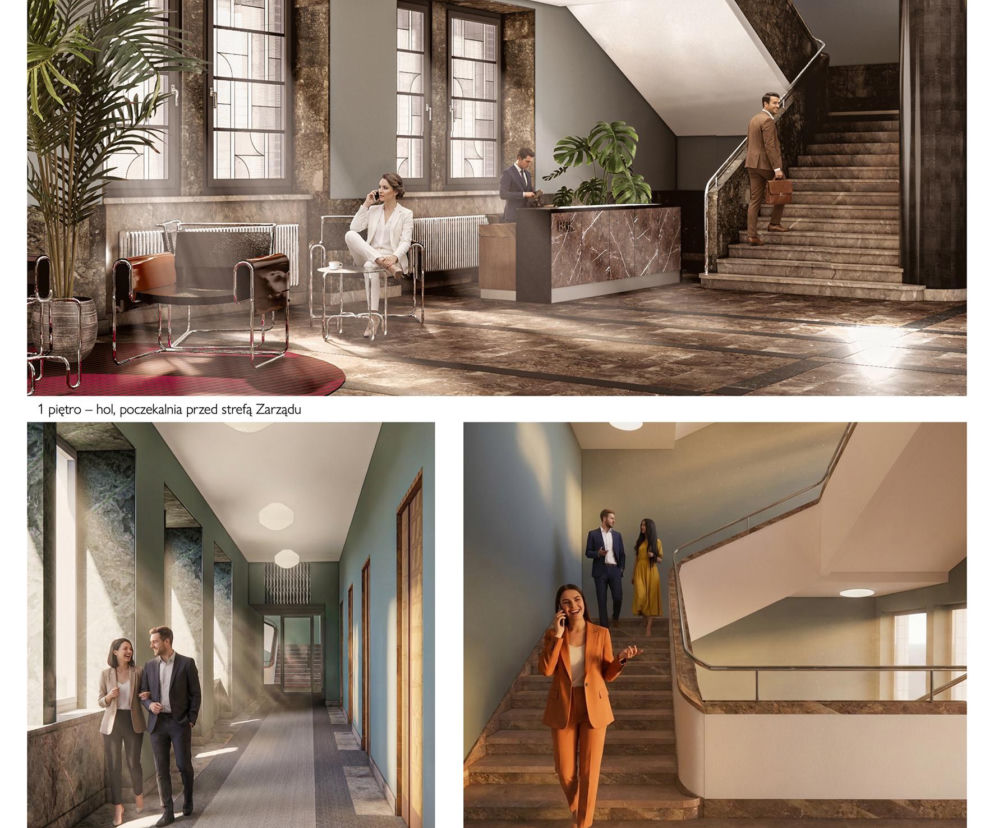 Wizualizacje zmodernizowanych wnętrz gmachu BGK w Warszawie wg JEMS Architekci
