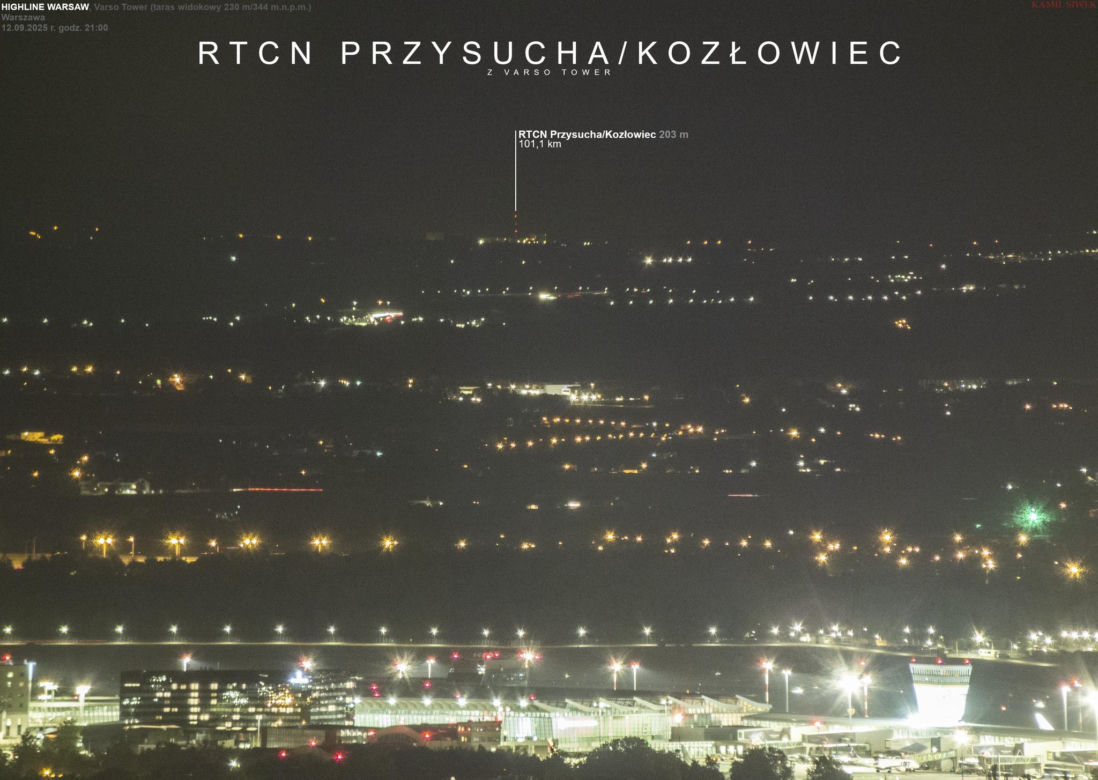 Radiowo-Telewizyjne Centrum Nadawcze w Kozłowcu widziane z Warszawy
