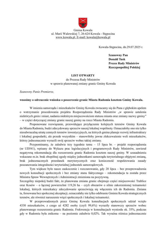 List otwarty wójta Wiesława Pachniewskiego do Prezesa Rady Ministrów