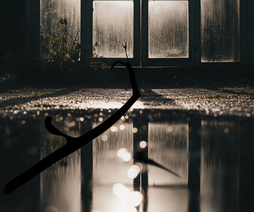 Czarny, smukły obiekt o nieregularnym kształcie, przypominający gałąź lub róg, dominuje środek kadru, leżąc częściowo na mokrej, ciemnej powierzchni i odbijając się w niej. W tle widoczne są trzy prostokątne, pionowe okna z białymi ramami, mocno oświetlone od zewnątrz, z widocznymi na nich licznymi kroplami deszczu. Pod oknami, po lewej stronie, rośnie krzew o zielonych liściach, a u dołu obrazu powierzchnia pokryta jest drobnymi kropelkami wody, które odbijają światło, tworząc efekt bokeh.