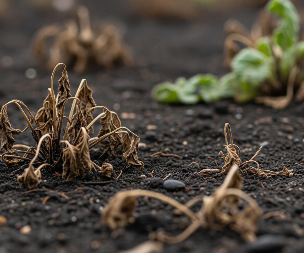 Centralny punkt obrazu to wysuszona, brązowa roślina z pomarszczonymi liśćmi i powyginanymi łodygami, otoczona ciemną, ziarnistą glebą. Na dalszym planie, w prawym górnym rogu, widoczna jest inna, częściowo zielona roślina z kilkoma zdrowymi liśćmi, natomiast inne wysuszone rośliny są rozrzucone po całej powierzchni ziemi. Podłoże składa się z ciemnych grudek ziemi oraz drobnych kamyków i jaśniejszych, beżowych ziaren.