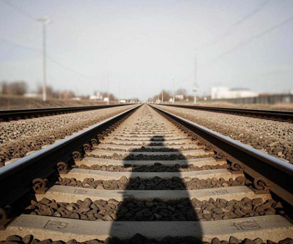 Cień osoby, rzucony na tory kolejowe, znajduje się na pierwszym planie, rozciągając się przez środek kompozycji. Tory kolejowe, składające się z ciemnych szyn i jasnych betonowych podkładów wypełnionych żwirem, biegną prosto w dal, zbiegając się w punkcie na horyzoncie. Po obu stronach torów widać rozmyte budynki i drzewa, a w oddali majaczy jaśniejsze niebo, tworząc głębię ostrości.