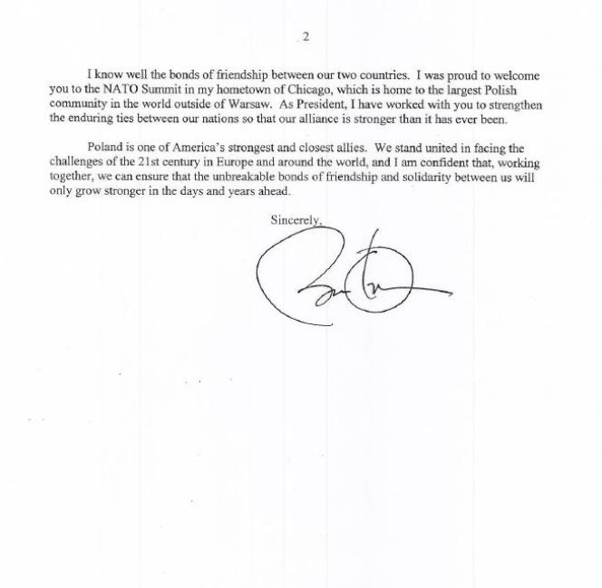 List Baracka Obamy do Bronisława Komorowskiego