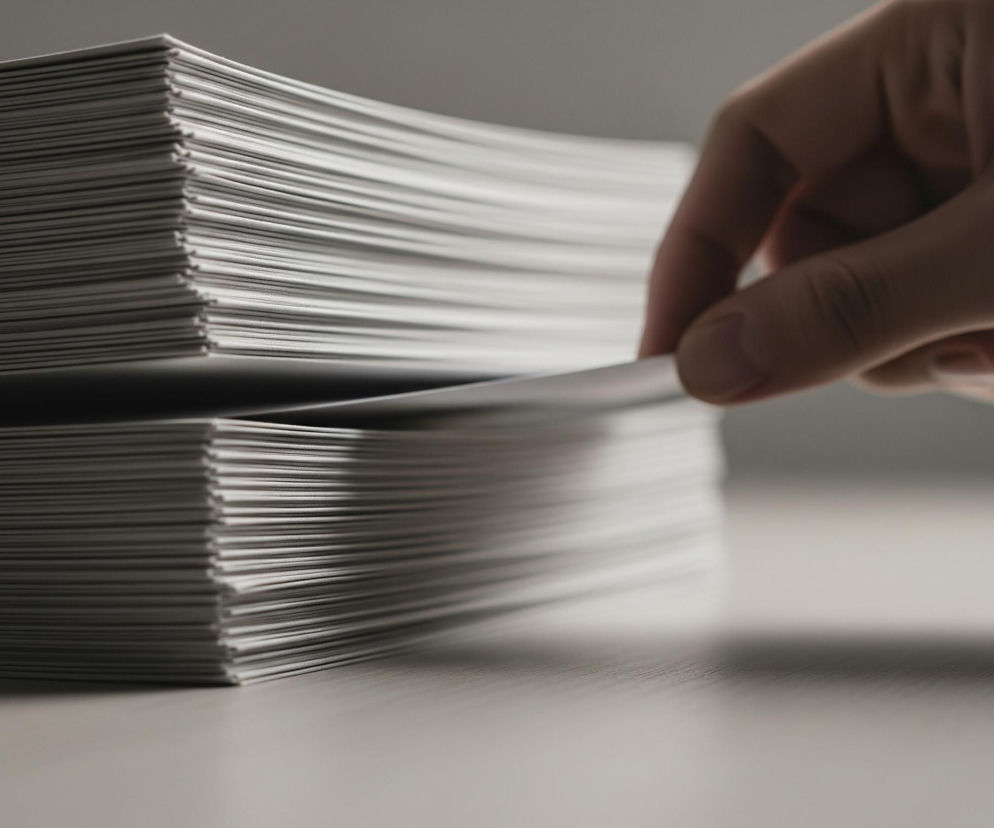 Na pierwszym planie widoczne są dwa stosy białych, prostokątnych kartek lub dokumentów, ułożonych równo jeden na drugim. Prawa dłoń osoby, o jasnej karnacji, wyciąga jedną z kartek z górnego stosu, palce delikatnie chwytają brzeg papieru. Tło jest jednolite, w odcieniach szarości, tworząc łagodne rozmycie.