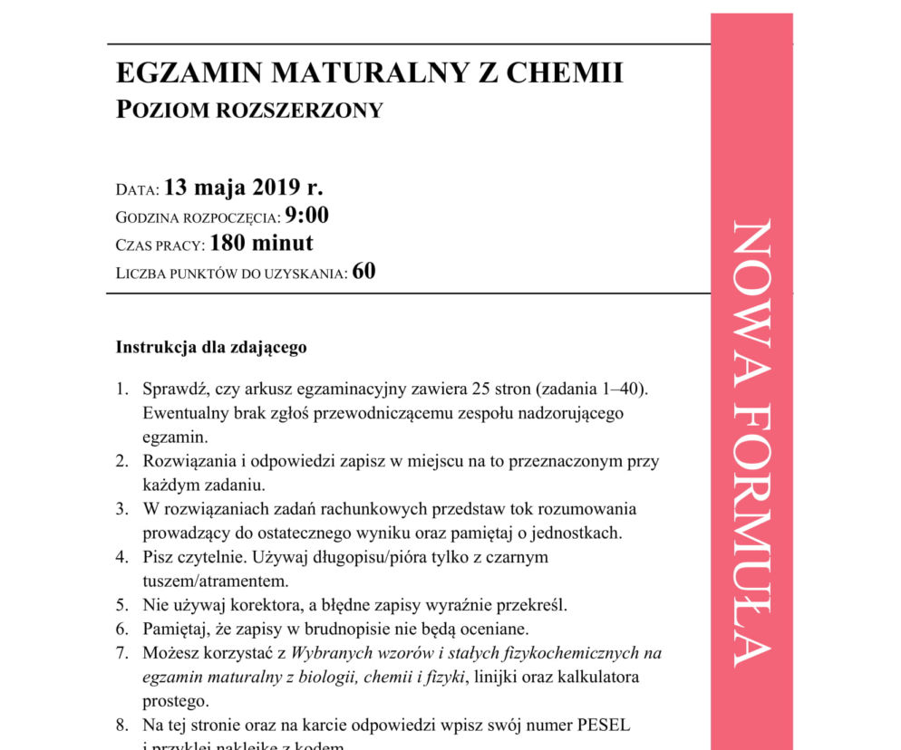Matura 2019 chemia rozszerzona. ARKUSZE I ODPOWIEDZI