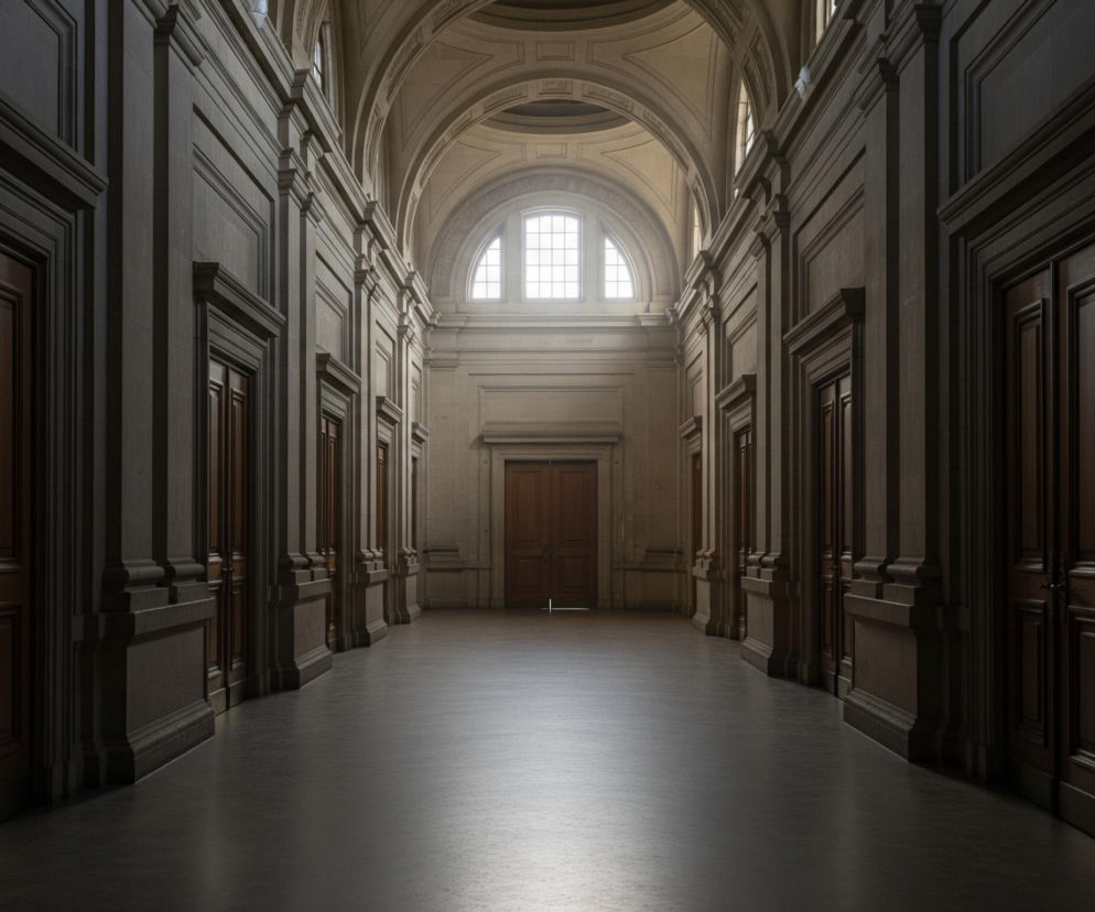 Długi, symetryczny korytarz rozciąga się w głąb obrazu, zakończony potrójnym oknem łukowym intensywnie oświetlonym jasnym światłem dziennym. Po obu stronach korytarza widoczne są liczne, ciemnobrązowe, drewniane drzwi z misternymi panelami, osadzone w kamiennych, architektonicznych obramowaniach, które tworzą rytmiczny układ wzdłuż ścian. Sufit korytarza jest sklepiony, z widocznymi łukami i delikatnymi detalami architektonicznymi, rozświetlonymi od frontu. Podłoga w kolorze szarego grafitu odbija subtelne światło wpadające z dalekich okien, a cały korytarz utrzymany jest w stonowanych odcieniach brązu i szarości, z kontrastującym jasnym światłem u końca.
