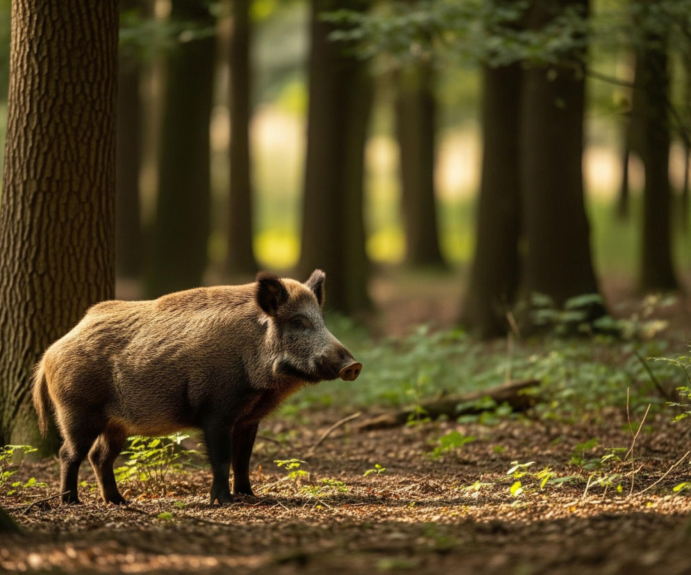 Dzik o ciemnobrązowej sierści i jaśniejszym pysku stoi w lesie, skierowany profilem w prawo. Jego sylwetka jest wyraźnie widoczna, oświetlona ciepłym światłem padającym od prawej strony obrazu, co podkreśla jego futro. Dzik stoi na dnie lasu, pokrytym brązową ziemią i drobnymi zielonymi roślinami. Po lewej stronie pierwszego planu widoczny jest pień drzewa o ciemnej, spękanej korze. Tło obrazu stanowią liczne pnie drzew, rozmyte i tworzące pionowe pasma w odcieniach brązu i zieleni, z jaśniejszymi smugami światła przebijającymi się przez liście.