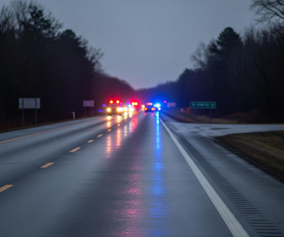 Szeroką, dwupasmową drogę asfaltową w deszczową, prawdopodobnie wieczorną lub nocną scenerii. Na horyzoncie widoczne są intensywne, rozmazane światła, głównie czerwone i niebieskie, sugerujące obecność pojazdów uprzywilejowanych lub świateł awaryjnych, które odbijają się w mokrej nawierzchni jezdni. Droga jest otoczona zalesionym terenem z widocznymi gołymi drzewami, a niebo jest zachmurzone i szare.