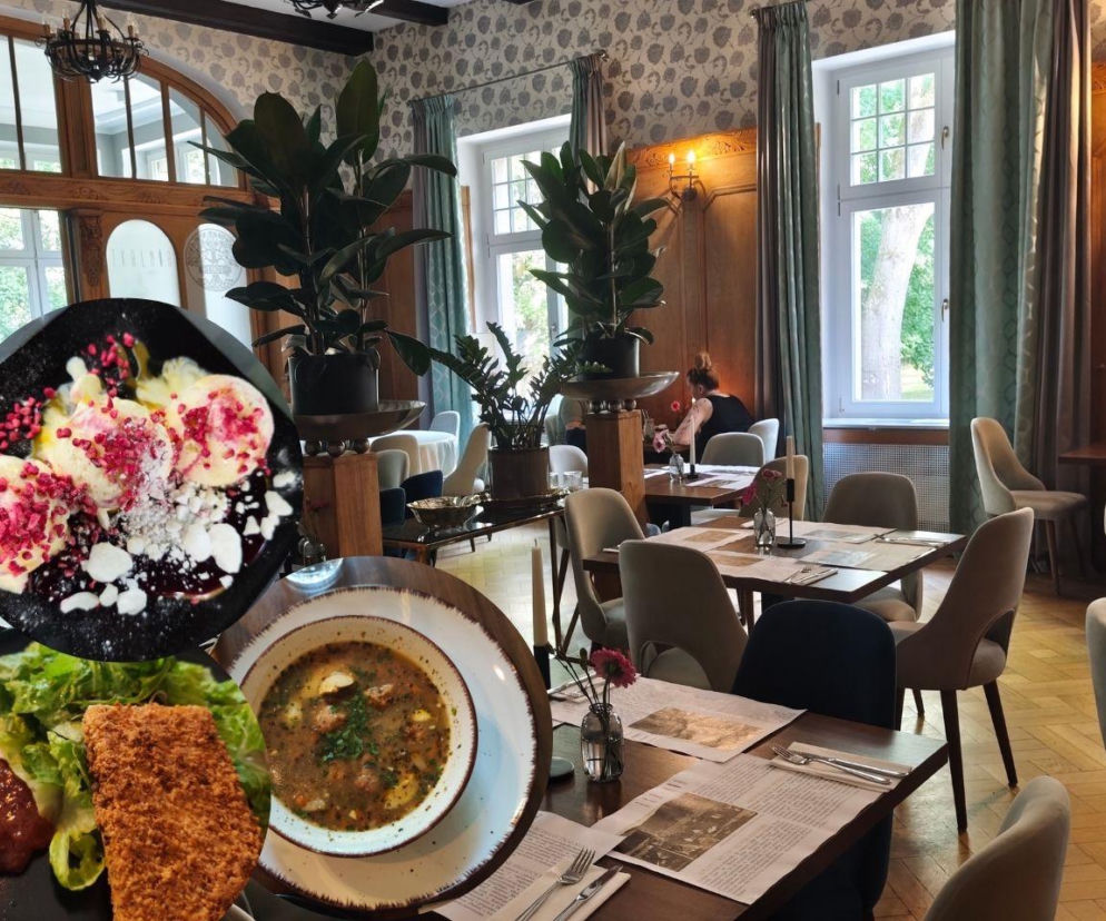 Eleganckie wnętrze restauracji Tkalnia. Na wstawkach dania: deser, zupa i kotlet. O hotelowej kuchni przeczytasz na Eska.