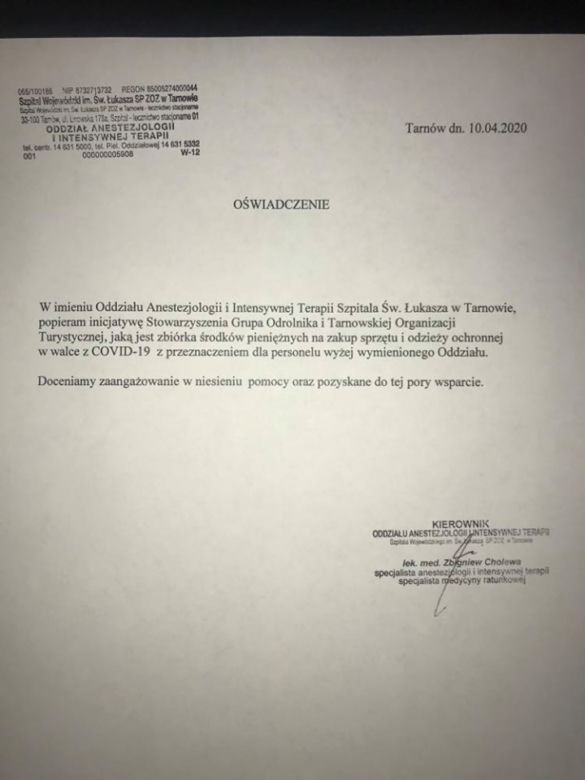 Pismo ze Szpitala Wojewódzkiego im. Św Łukasza w Tarnowie