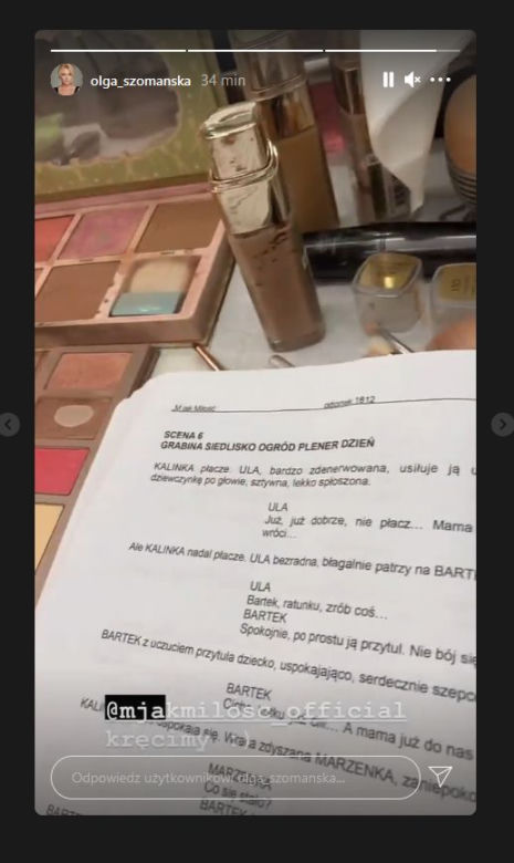 Olga Szomańska (Marzenka z M jak miłość) na Instagramie pokazała scenariusz 1612 odcinka