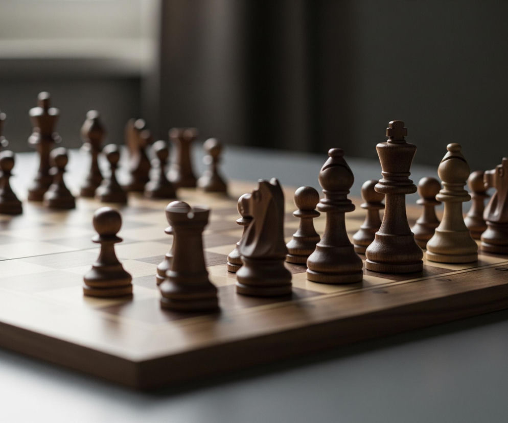 Szachownica z drewnianymi figurami stoi na jasnym, jednolitym blacie. Widoczne są dwie drużyny figur, jedna w ciemnym, a druga w jasnym odcieniu brązu, ustawione do rozpoczęcia partii, z pionami w pierwszej linii i figurami w drugiej. Cała scena jest oświetlona z lewej strony, tworząc głębokie cienie i kontrast, szczególnie widoczny na figurach w prawej części planszy oraz w ciemnym tle.