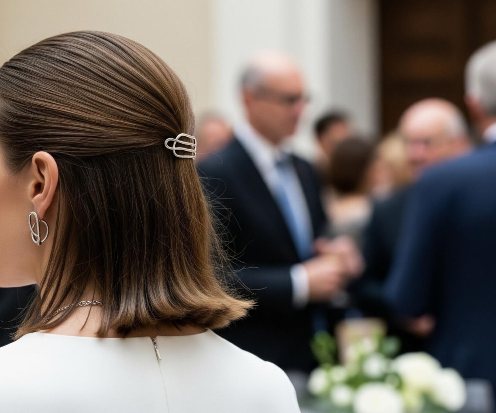 Kobieta z brązowymi włosami, uczesanymi do tyłu i spiętymi srebrną ozdobą, zajmuje centrum kadru, widoczna z profilu, od tyłu, od ramion w górę. Jej włosy sięgają do obojczyków, a na lewym uchu ma srebrny, owalny kolczyk. Na szyi widoczny jest delikatny, srebrny łańcuszek, a na jej białej bluzce z tyłu znajduje się krótki, srebrny zamek błyskawiczny. Tło jest rozmyte, ukazując innych ludzi, głównie mężczyzn w garniturach, oraz fragment białych kwiatów w dolnej części kadru.