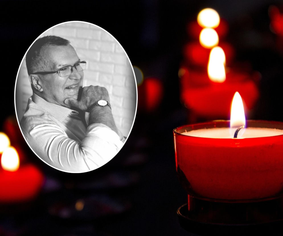 Znicz żałobny w czerwonej osłonce z płonącym knotem, symbolizujący pamięć o zmarłym Józefie Nowickim, byłym prezydencie Konina i pośle. Obok na czarnym tle monochromatyczne zdjęcie uśmiechniętego Józefa Nowickiego w okularach. Więcej o tej smutnej wiadomości przeczytasz na naszym portalu.