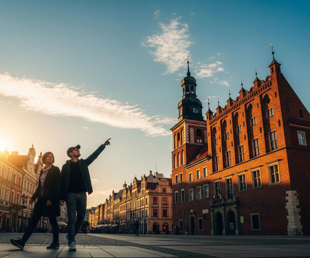 Dwoje ludzi idzie przez brukowany plac, oświetlony zachodzącym słońcem, którego promienie tworzą długie cienie. Mężczyzna w czapce z daszkiem wskazuje palcem w górę, patrząc w tym samym kierunku, podczas gdy kobieta obok niego również patrzy w górę. Po prawej stronie wznosi się duży, ceglany budynek z wysoką wieżą zegarową i licznymi szpiczastymi wieżyczkami na dachu, oświetlony ciepłym, pomarańczowym światłem. Po lewej stronie placu ciągną się rzędy kamienic o różowych i beżowych elewacjach, również częściowo zalane słońcem, a ich okna odbijają jasne niebo i pomarańczowy blask.