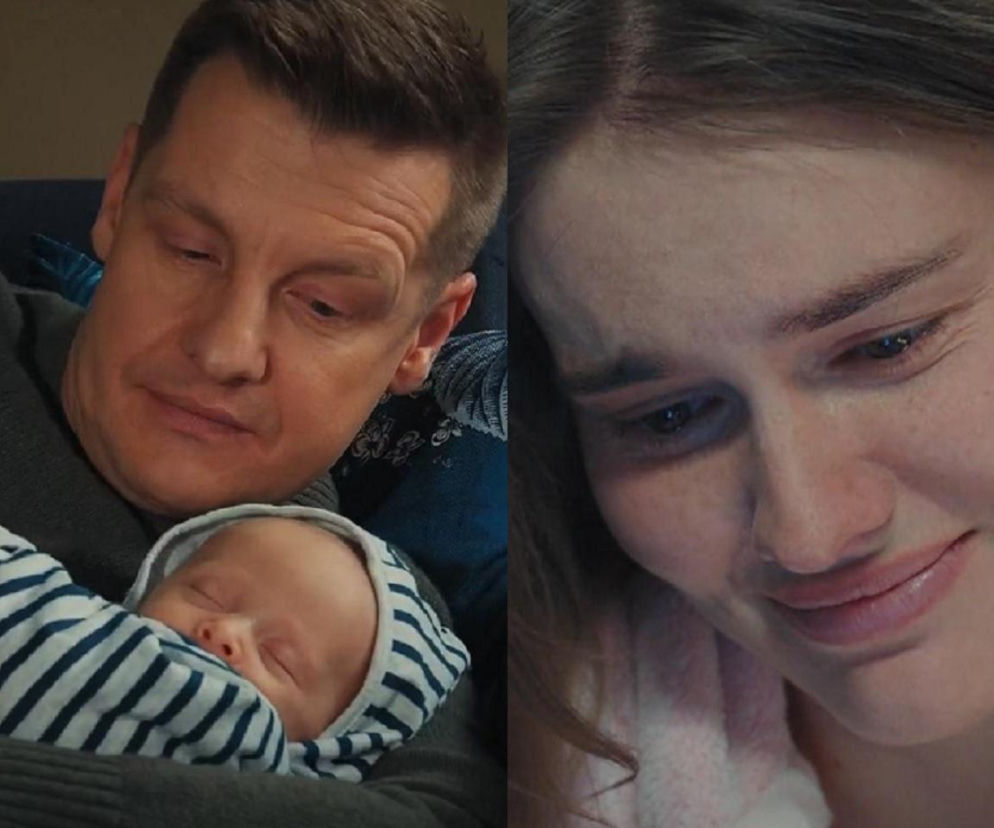 Paweł (Rafał Mroczek) trzymający śpiącego syna Antosia w koszulce w paski oraz Franka (Dominika Kachlik) ze smutną miną, co zapowiada jej wyjazd i tajemnicę przed mężem. Więcej o tym przeczytasz na portalu Super Seriale.