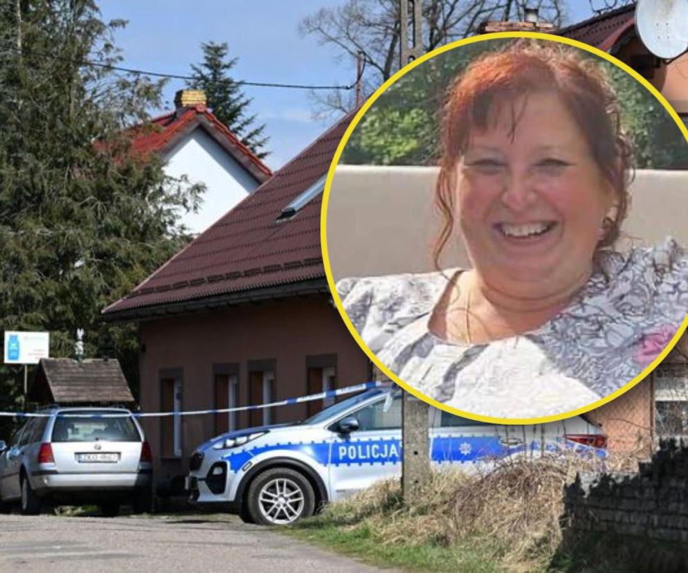 Radiowóz policyjny przed domem zaginionej Beaty Klimek. Na miniaturze uśmiechnięta kobieta. O sprawie pisze Mediateka.