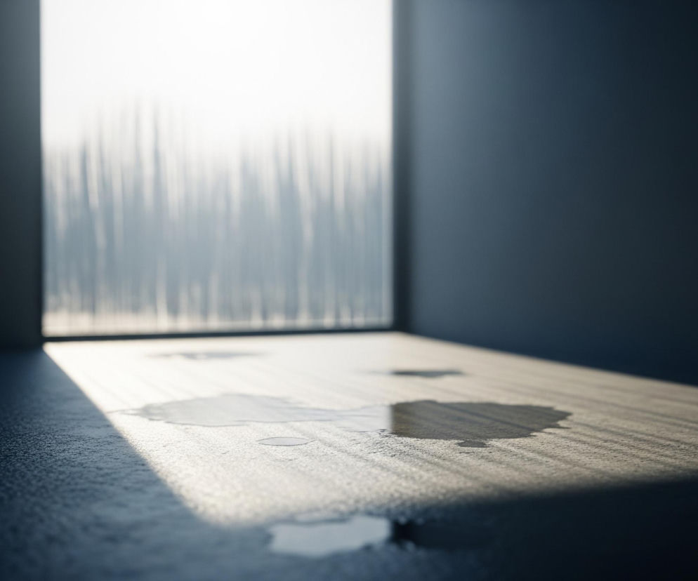 Jasne, rozmazane światło wpada przez pionowy otwór po lewej stronie obrazu, oświetlając fragment podłogi i ścianę. Na podłodze widać kilka nieregularnych plam wody, które odbijają światło. Pozostała część pomieszczenia jest ciemna, a tekstura podłogi wydaje się szorstka.