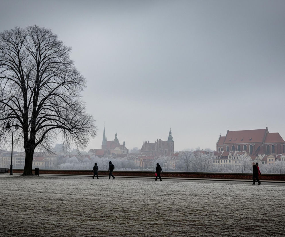 Duże, pozbawione liści drzewo o ciemnych gałęziach dominuje po lewej stronie kadru, stojąc na tle szarego, zachmurzonego nieba. Poniżej rozciąga się przestronny, szronem pokryty trawnik, a wzdłuż niego, po utwardzonej ścieżce, w oddali spacerują cztery sylwetki ludzi, od lewej do prawej. Za trawnikiem i ścieżką widoczna jest panorama miasta z licznymi budynkami o ceglanych dachach, w tym kilka wyraźnych kościołów o charakterystycznych wieżach, wszystko spowite lekką mgłą.