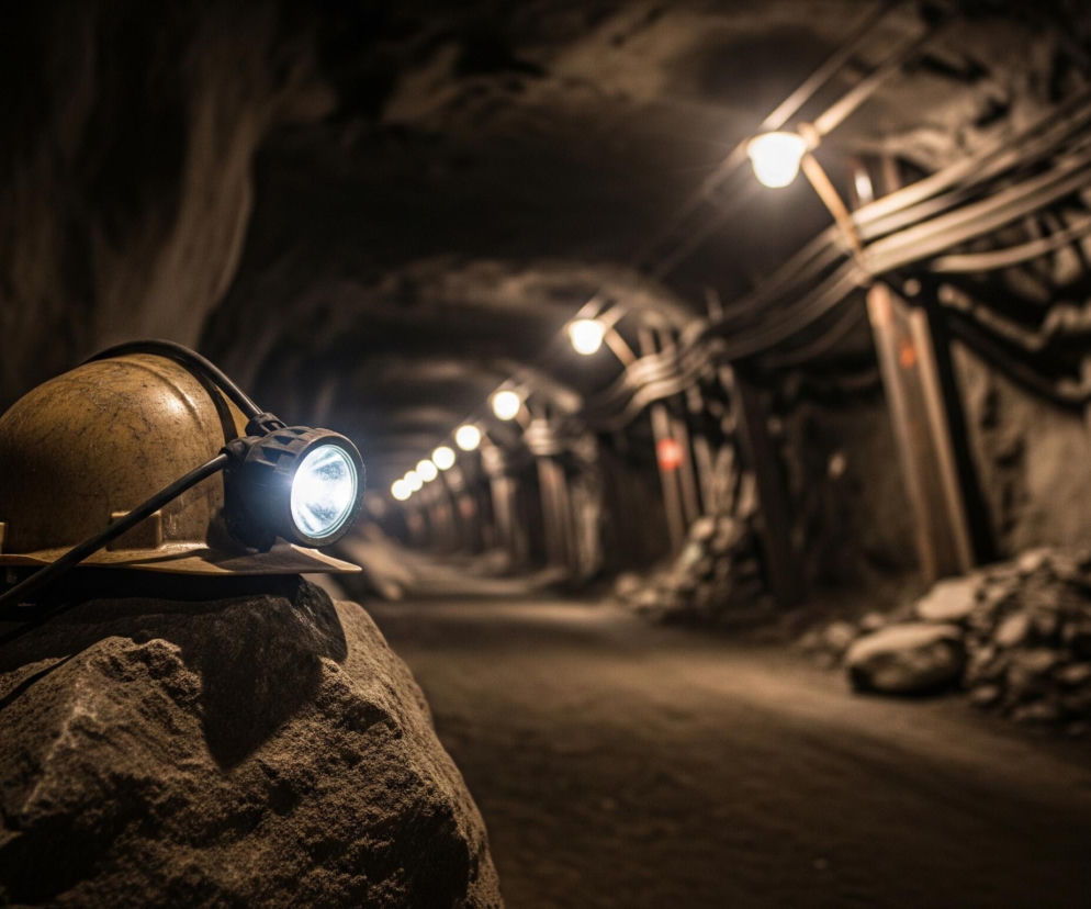 Na pierwszym planie, z lewej strony, spoczywa żółty kask górniczy z włączoną lampą czołową, emitującą jasne białe światło, na dużej, szorstkiej skale. Tło przedstawia długi, ciemny tunel kopalniany z rzędami lamp sufitowych o ciepłym, żółtawym świetle, prowadzącymi w głąb. Po prawej stronie tunelu widoczne są konstrukcje podtrzymujące z drewna i metalu oraz stosy gruzu i kamieni. Dominują ciemne odcienie brązu i szarości, z punktowymi rozbłyskami światła, tworzącymi głębię i kontrast.