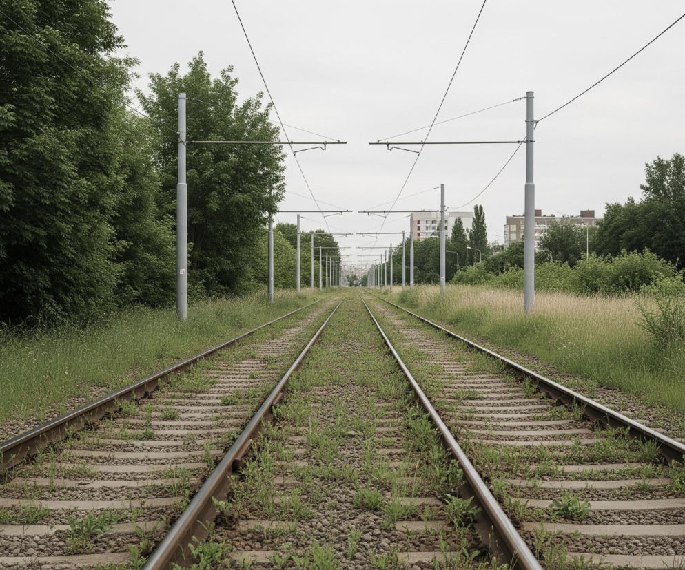 Dwa równoległe tory tramwajowe, porośnięte trawą i drobnymi roślinami między podkładami i na żwirowym podłożu, zbiegają się w oddali ku centrum kadru. Wzdłuż torów, po obu stronach, rozmieszczone są szare, metalowe słupy trakcyjne, z których rozciągają się liczne czarne, cienkie przewody. Po lewej stronie kadru dominuje gęsty szpaler ciemnozielonych drzew, natomiast po prawej widoczny jest pas wyższej, jasnozielonej trawy, za którą w oddali widać kępy drzew i fragmenty budynków mieszkalnych o jasnych elewacjach. Pochmurne, jasnoszare niebo zajmuje górną część obrazu.