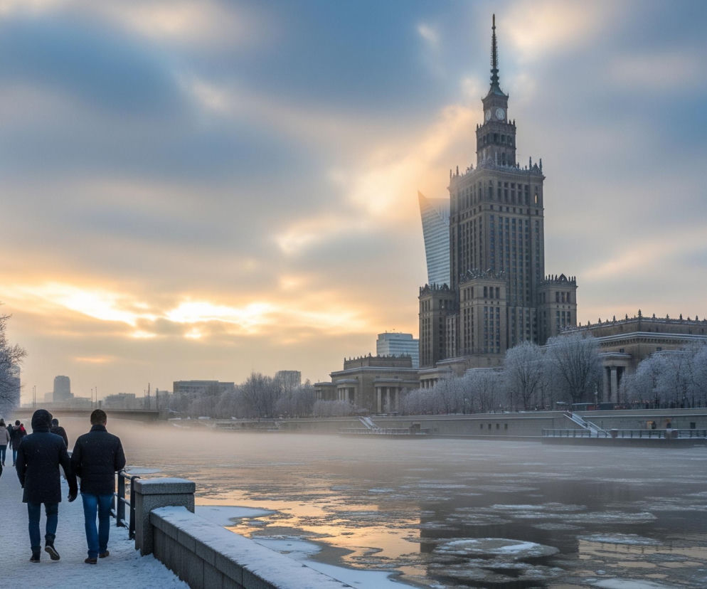 Ulica pokryta śniegiem, otoczona drzewami bez liści, prowadzi wzdłuż zamglonej, częściowo zamarzniętej rzeki. Po prawej stronie drogi idzie grupa osób ubranych w ciepłe zimowe kurtki, szaliki i czapki. W oddali, po drugiej stronie rzeki, widać wysoki, zabytkowy budynek z iglicą i zegarem na szczycie, za którym majaczy nowoczesny, szklany wieżowiec. Niebo nad całością jest częściowo zachmurzone, z wyraźnym złotym blaskiem słońca przebijającym się przez chmury po lewej stronie kadru.