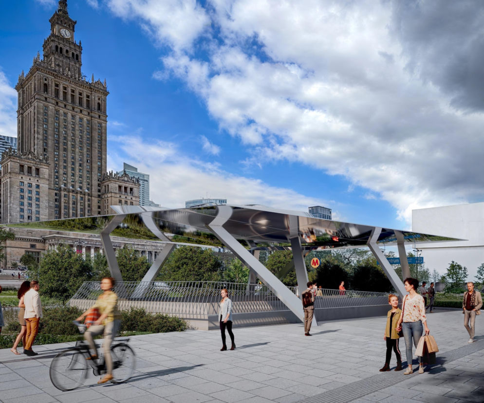Projekt nowoczesnej wiaty metra Centrum na tle Pałacu Kultury i Nauki. O zmianach w Warszawie czytaj w serwisie Architektura.